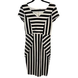 MARILYN Monroe Black White Striped Capped Sleeve Bodycon Sheath Dress Size Large
